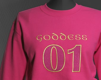 Embroidered Goddess 01 Pink Sweat-Shirt, Team-Strip Letterman Style Jumper, Heavy-Weight Crew-Neck Snuggly College Sweater, Mistress Present