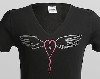 White Angel Wings & Pink Heart Embroidery on Black Lady-Fit V-neck T-shirt, Alt Romantic Biker Slow Fashion, Dark Celtic Winged Tattoo Style