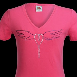 Celtic Winged Heart Embroidery Pink Women's Vneck Tshirt Norse Tattoo Knot Design Unusual Viking Art Birthday Valentine Gift Idea UK Clothes image 1