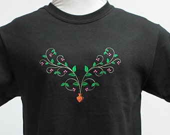 Embroidered Celtic Tree of Life on Black Unisex T-shirt, Crew-neck Short-sleeve Heavy-weight Cotton Plus-Sizes, Unique Medieval Insular Art