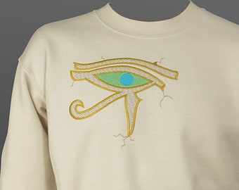 Eye of Horus Embroidery on Sand Sweatshirt, Ancient Egypt God Beige Jumper, Wadjet Art Plus-Size Cream Warm Fleece Sweater, Unusual Present