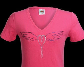 Celtic Winged Heart Embroidery Pink Women's Vneck Tshirt Norse Tattoo Knot Design Unusual Viking Art Birthday Valentine Gift Idea UK Clothes