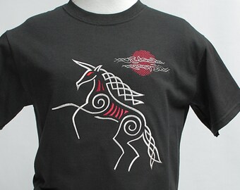 Badass Celtic Unicorn Embroidered on Black Unisex Adult Cotton T-shirt