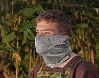 Fake Chain-Mail Cotton Lined Face Covering, LARP Armour Neck-Warmer, Light-Weight Metallic Fabric Tube Scarf, Snood, Medieval Costume, Bevor