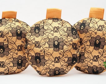 Set of 3 Gold Satin and Lace Christmas Tree Ornaments with Gift Pocket, Fabric Holiday Decoration Unbreakable Yule Hanging Ball, Xmas Bauble