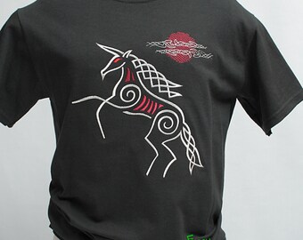 Badass Celtic Unicorn Embroidered on Black Unisex Adult Cotton T-shirt