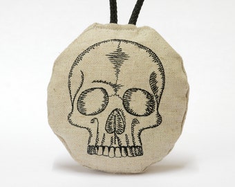 Skull Bauble, Embroidered Dark Gothic Unbreakable Hanging Fabric Tree Decoration, Macabre Humour Gift Idea, Human Cranium Anatomical Drawing