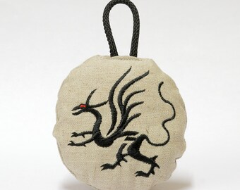 Black Dragon Bauble Embroidery, Unbreakable Hanging Decoration, Gothic Wyrm Textile Art, Historic Mythical Beast, Medieval Fantasy Monster