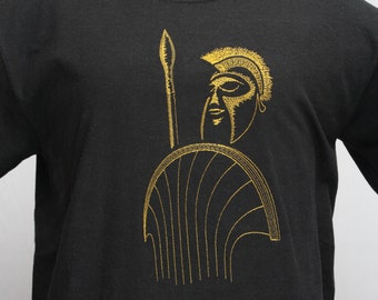 Ancient Greek Soldier Embroidered Black TShirt, Spearman Phalanx Boeotian Shield, Man's Tee Shirt, Women's Plus Size T-shirt, Birthday Gift