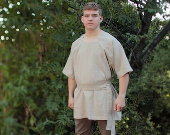 Unbleached Linen / Rayon LARP Smock, Medieval Square Neck Short-Sleeve Unisex Kirtle, Viborg T-Shirt Post-Apocalyptic Warrior Cosplay Tee UK