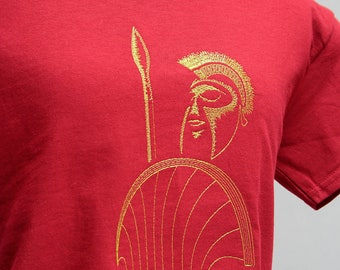 Ancient Greek Warrior Embroidery on Red Cotton TShirt, Phalanx Soldier, Adult Mens T Shirt, Plus Size Women Tee shirt, S M L XL 2XL 2X 3X