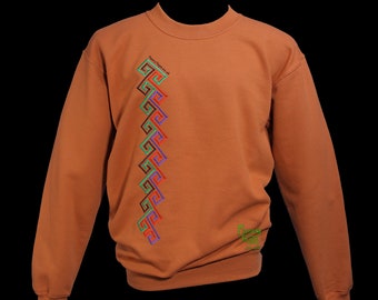 Celtic / Pictish Key-Pattern Embroidery Orange Sweatshirt, Medieval Scottish Standing Stone Design Jumper, Insular Art Unisex Fleece Sweater