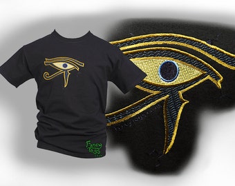 Eye of Ra Embroidery Black Tee, Evil Eye Horus Ancient Egypt Art T Shirt Woman Plus Size Clothing Man Clothes Tshirt Top Birthday Gift Idea