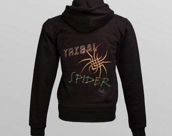 Tribal Spider Tattoo Embroidery on Ladies Black Zip Hoody Urban Street Chic Design Clothes Goth Woman Fashion Clothing Emo Hoodie Xmas Gift