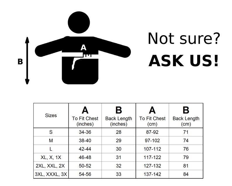 Pu&ograve; includere: Una tabella di taglie per abbigliamento con misure in pollici e centimetri. La tabella mostra la taglia, la circonferenza del torace, la lunghezza della schiena in pollici e centimetri. La tabella include le taglie S, M, L, XL, 1X, 2XL, XXL, 2X, 3XL, XXXL, 3X.