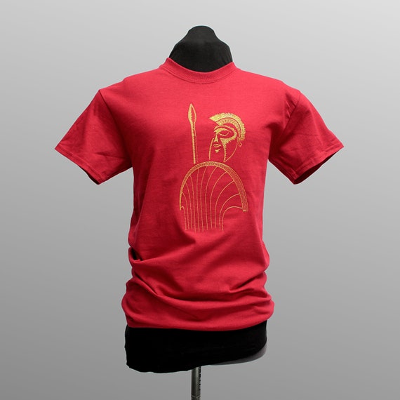 Ancient Greek Warrior Embroidery on Red Cotton Tshirt, Phalanx