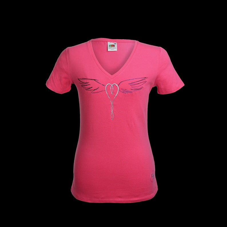 Celtic Winged Heart Embroidery Pink Women's Vneck Tshirt Norse Tattoo Knot Design Unusual Viking Art Birthday Valentine Gift Idea UK Clothes image 1