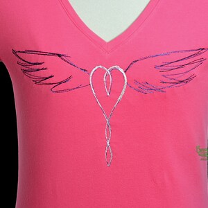 Celtic Winged Heart Embroidery Pink Women's Vneck Tshirt Norse Tattoo Knot Design Unusual Viking Art Birthday Valentine Gift Idea UK Clothes image 2