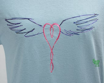 Celtic Winged Heart Embroidery on Stone Blue Unisex Adult Cotton T-shirt