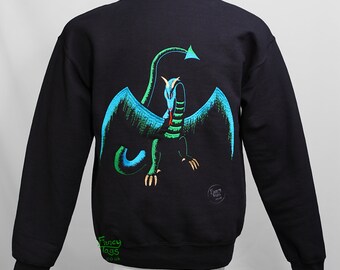 Shadow Dragon Art Embroidery on back of Black Sweatshirt, Turquoise & Green Winged Wyvern Sweater, Original Mythical Wyrm Unisex Jumper Gift