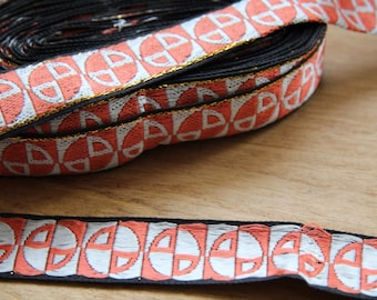 Vintage woven jacquard ribbon trim with embroidered geometric motifs_made in France