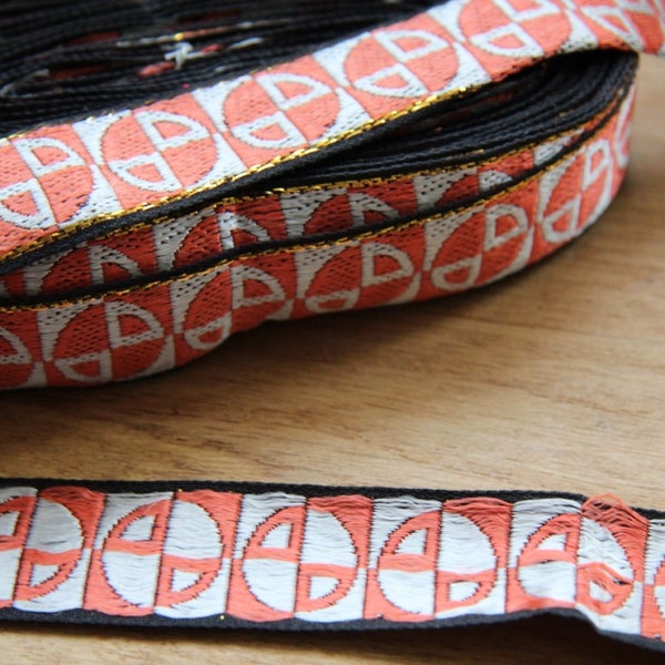 Vintage woven jacquard ribbon trim with embroidered geometric motifs_made in France