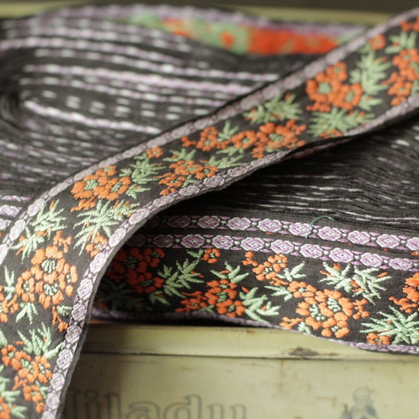 Vintage black woven jacquard ribbon trim with embroidered  florals_made in France