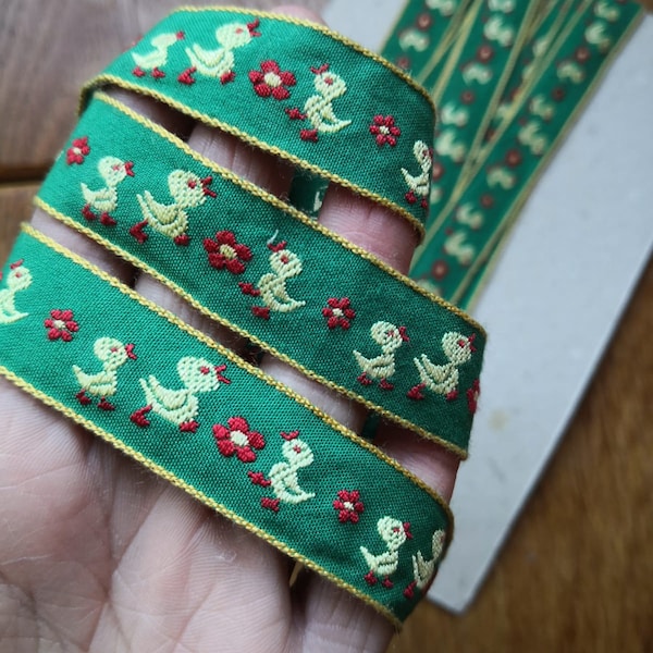 Vintage green woven jacquard ribbon trim with embroidered yellow ducks