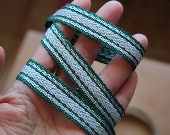 Green and Gray Vintage Woven Cotton Ribbon Trim