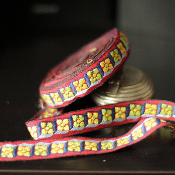 Vintage woven jacquard ribbon trim with embroidered  florals