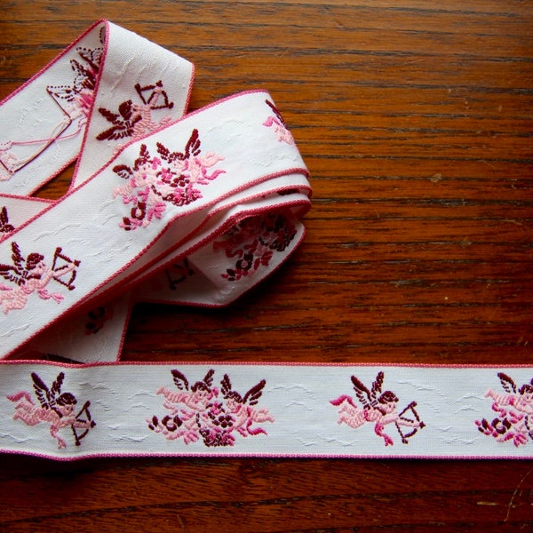 French woven jacquard ribbon trim with embroidered  cupids