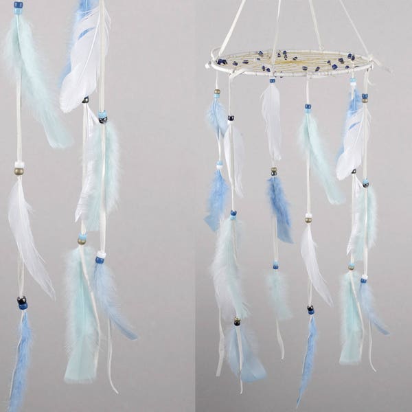 Large Mobile Dream Catcher, White and Blue Nursery Mobile, Woodland Nursery Decor, Big Dream Catcher Mobile, Feather Mobile