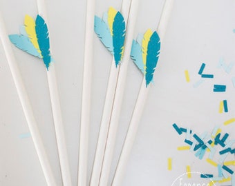 Feather Paper Straw personalized. Kit of 12 units. Boho theme. Birthday Party decor, perfect wild party decor, boy and girl