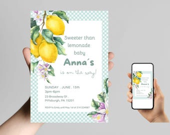 Lemon Baby Shower Invitation, Editable Citrus Greenery Template, Sweeter Than Lemonade Printable Digital Invite, Digital Download, Printable