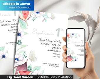 Fig Floral Garden Birthday Invitation – Editable Printable & Mobile Version, Digital Download Girl Party, Canva Template, Girl 1st Birthday