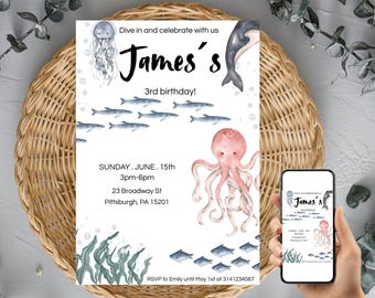 Under the Sea Birthday Invitation, Editable Ocean Theme Invite, Gender Neutral Octopus Whale Party, Printable Digital Download, Canva
