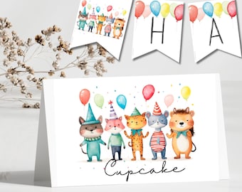 Woodland Friends Party Banner A-Z & Food Tent Cards, Editable Canva Printable, Birthday Decorations, kids birthday party decorations