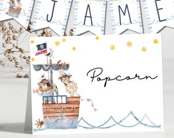 Animal Pirate Birthday Banner Editable, Animal Pirate Wall Banner A-Z Numbers, Food Tent Card Place Card Printable Nautical Party Decor