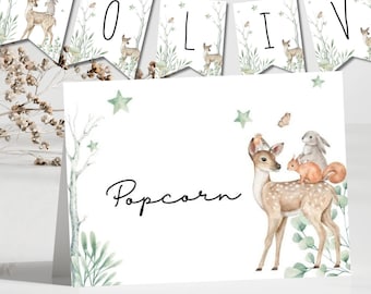 Woodland Animals Banner & Food Tent Cards, Editable Birthday Bunting,Deer Bunny Printable Place Cards, Digital Download, birthday decoration
