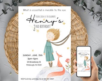 Little Prince Birthday Invitation, Editable Digital Invite, Boy 1st 2nd Birthday Party, Printable & Mobile Evite, Instant Download