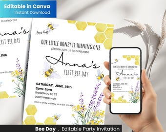 Bee Day First Birthday Invitation, Honey Bee Editable Invite, Girl 1st Birthday Printable, Digital Download Party Invite, Canva editable