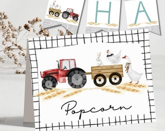 Farm Birthday Party Printable Kit – Wall Banner A-Z, Food Tent Cards & Place Cards | Digital Download, Birthday Party Decoration, canva