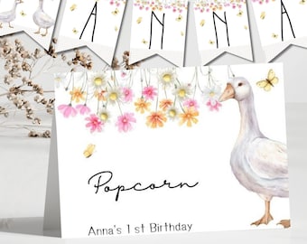 Goose Party Banner & Food Tent Cards, Silly Goose Birthday Decor Editable, Alphabet Numbers Banner, Place Card Printable Digital Download