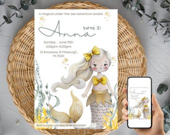 Mermaid Birthday Invitation, Editable Under the Sea Party Invite, Printable & Mobile Digital Download, Girl Birthday Template,Mermaid invite