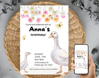 Goose Birthday Invitation Editable, Silly Goose Party Printable Invite, Girl 1st Birthday Digital Download, Farm Floral Template Canva