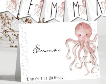 Octopus Birthday Banner & Food Tent Cards, Pink Watercolor Party Decor,Editable Under The Sea Girl Birthday, Instant Download, Octopus party