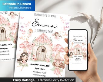 Fairy Cottage Birthday Invitation, Woodland Fairy Garden Party Invite, Editable Canva Template, Printable & Digital Evite, Instant Download