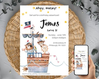 Animal Pirate Birthday Invitation Editable Template, Animal Pirate Boat Party Invite, Nautical Boy Birthday Printable Digital Download,Canva