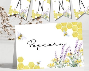 Bee Day Banner & Food Tent Card Set, Honey Bee Alphabet Banner, Editable Buffet Label, Printable Birthday Decor, Digital Download