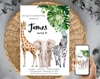 Safari Party Invitation Editable | Jungle Animals Birthday Invite | Wild Adventure Printable Digital Download, Gender Neutral,Canva Template